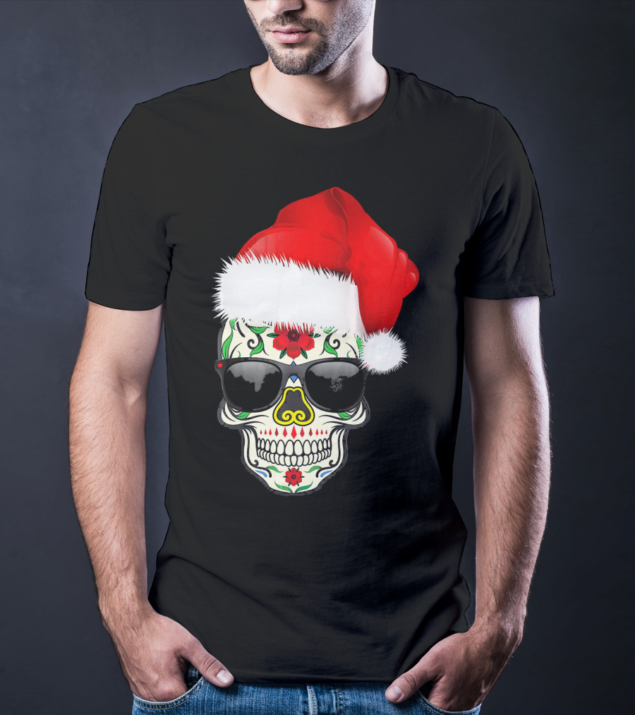 Christmas Santa Hat Day Of The Dead Sugar Skull Suga T-Shirt