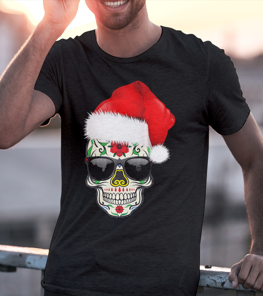 Christmas Santa Hat Day Of The Dead Sugar Skull Suga T-Shirt