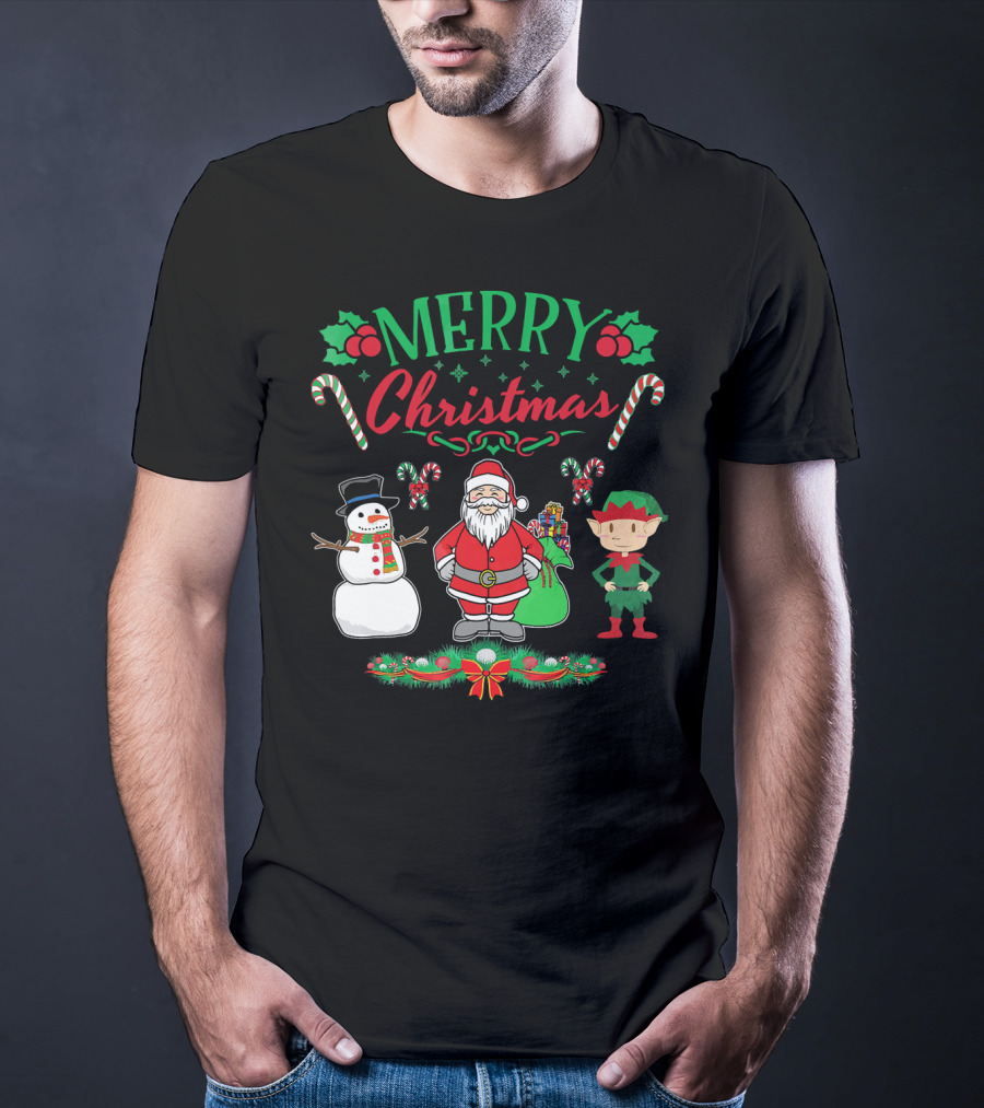 Merry Christmas Santa And Snowman With Elf And Candy Canes T-Shirt