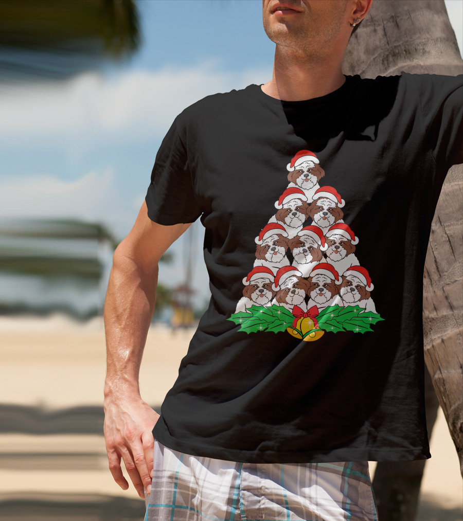 Shih Tzu Christmas Tree Dog Santa Hat Bells Holly Xmas Lover T-Shirt