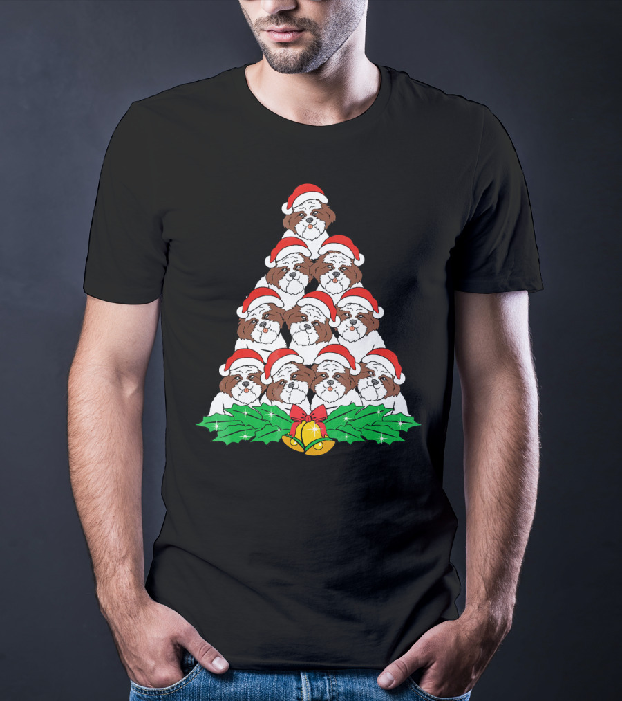 Shih Tzu Christmas Tree Dog Santa Hat Bells Holly Xmas Lover T-Shirt