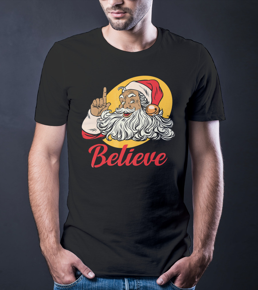 Black Santa Claus With Believe Caption And Yellow Background T-Shirt