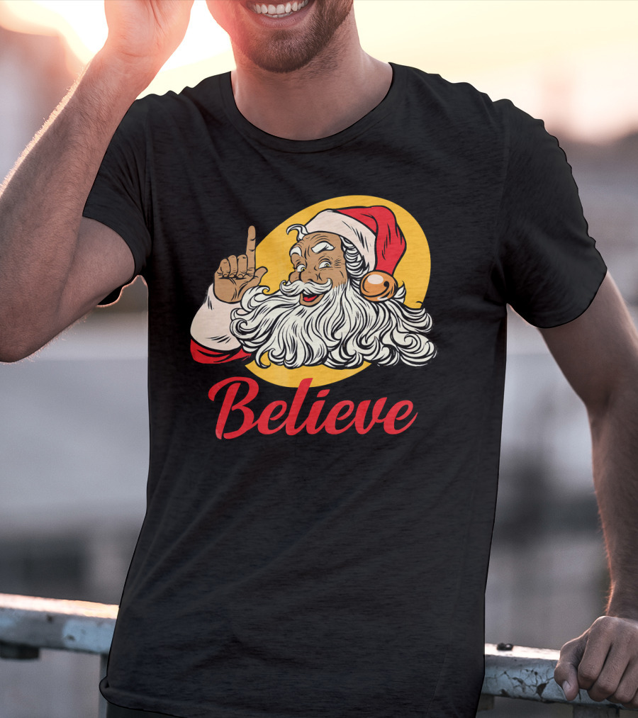 Black Santa Claus With Believe Caption And Yellow Background T-Shirt