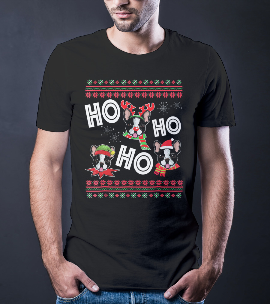 HO HO HO Boston Terrier Funny Do Christmas Reindeer Santa Hat Scarf Snowflakes T-Shirt
