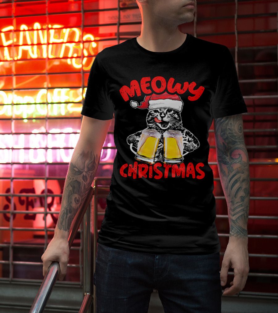 Meowy Christmas Funny Meow Drinking Beer Cat T-Shirt