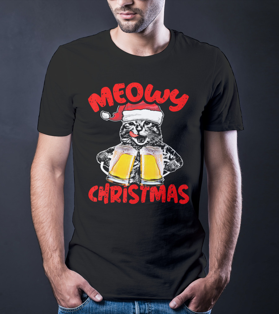 Meowy Christmas Funny Meow Drinking Beer Cat T-Shirt