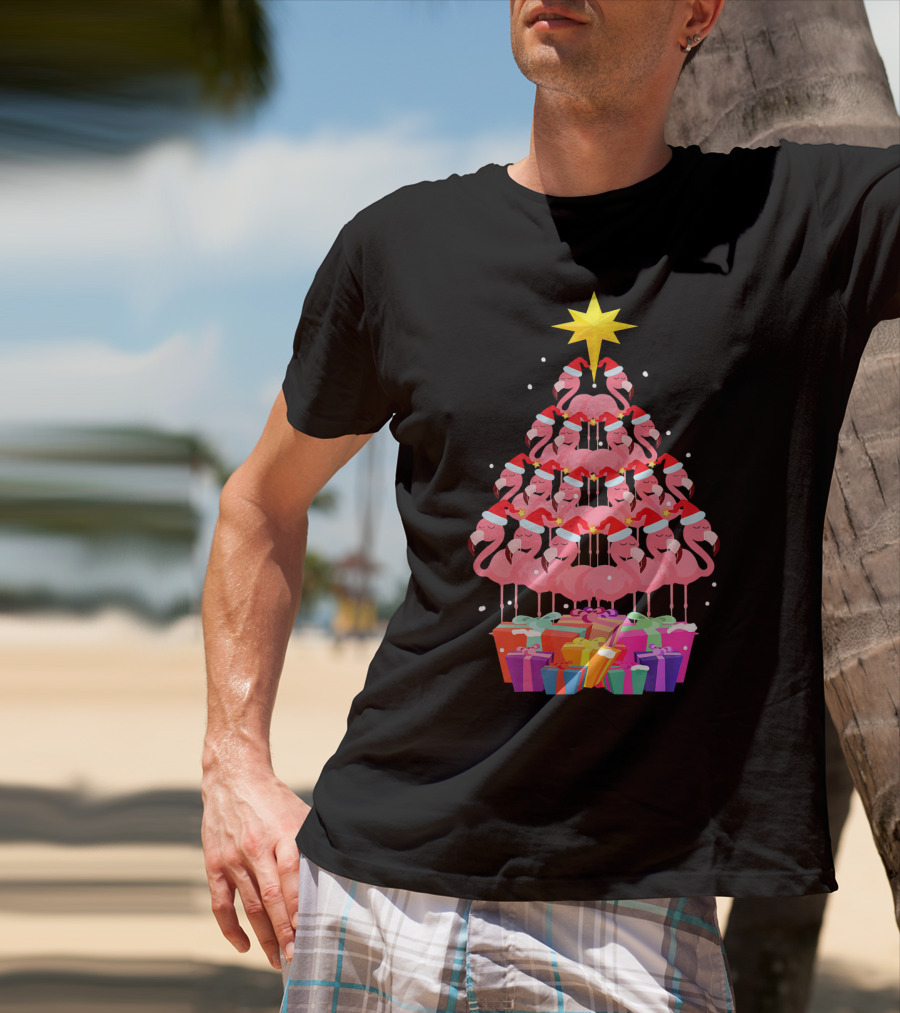 Flamingo Santa Hat Christmas Tree With Gifts And Star T-Shirt