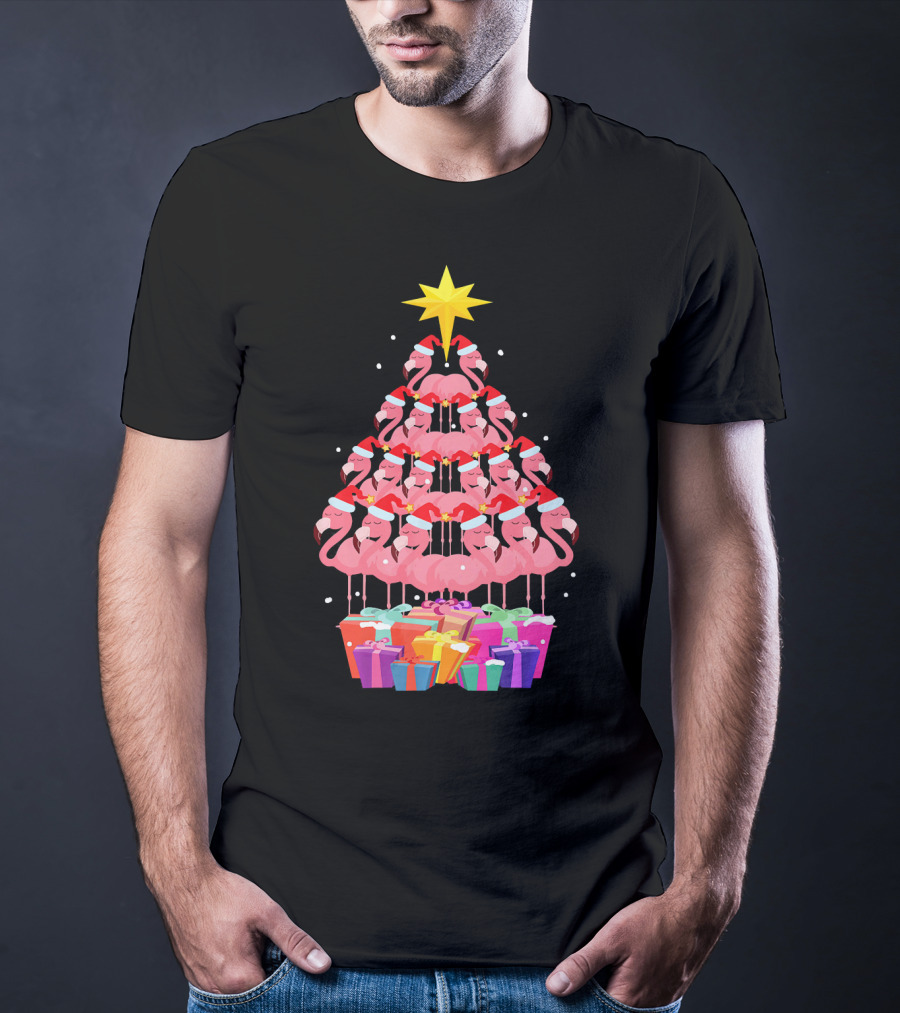 Flamingo Santa Hat Christmas Tree With Gifts And Star T-Shirt