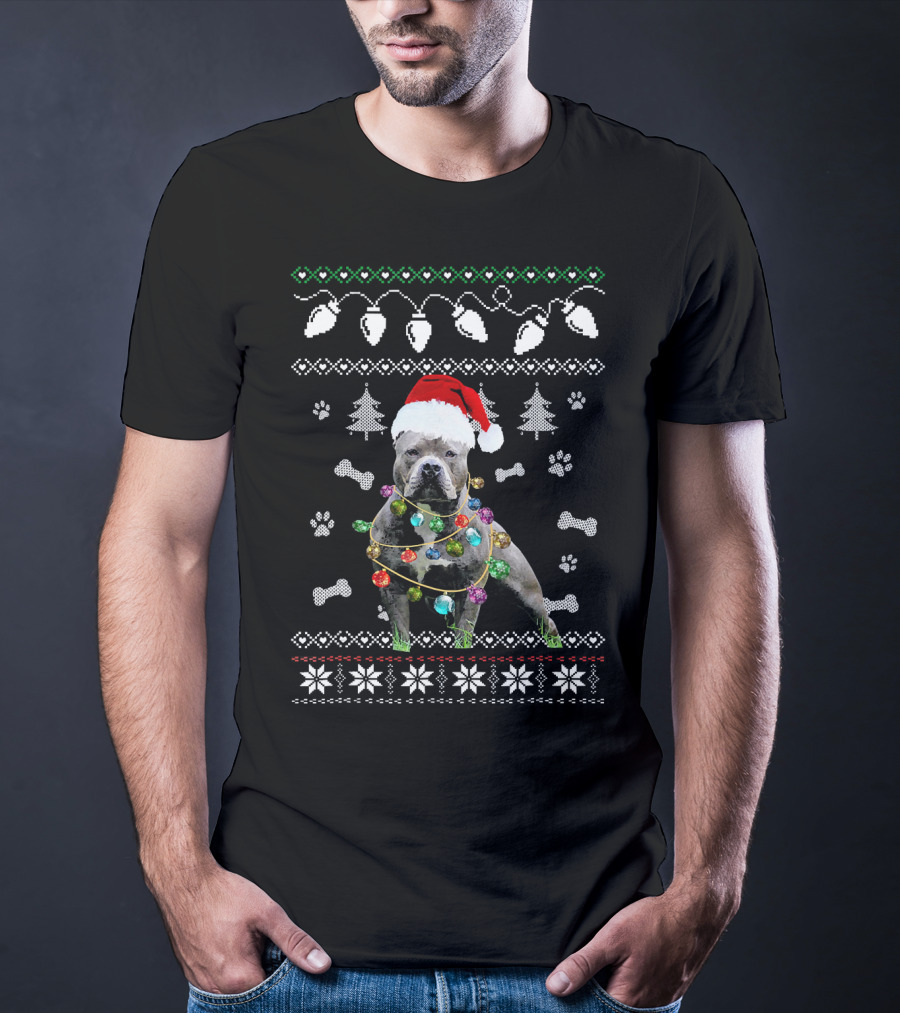 Pitbull Christmas Lights Santa Hat Ugly T-Shirt