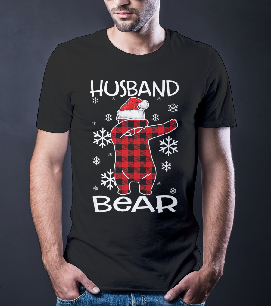 Husband Bear Dabbing Santa Hat Snowflakes T-Shirt