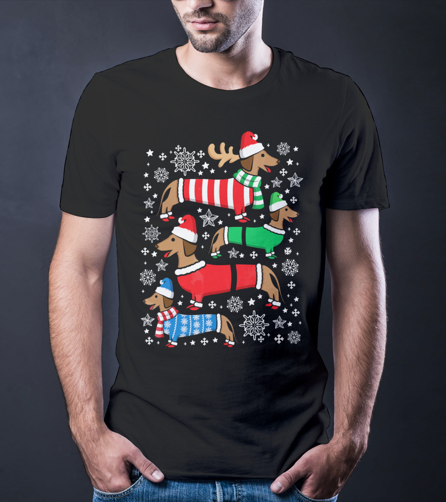 Dachshund Merry Christmas Weiner Ugly Sweater Santa Reindeer Snowflakes T-Shirt
