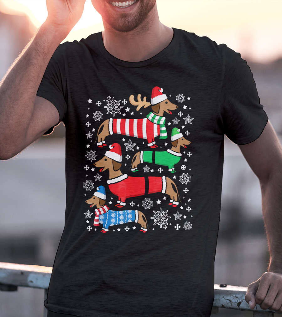 Dachshund Merry Christmas Weiner Ugly Sweater Santa Reindeer Snowflakes T-Shirt