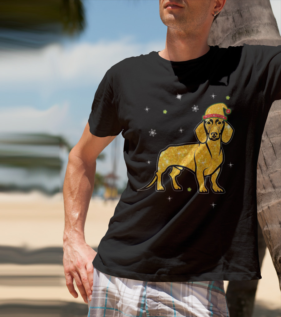 Christmas Lights Glitter Dachshund Dog With Santa Hat And Snowflakes T-Shirt
