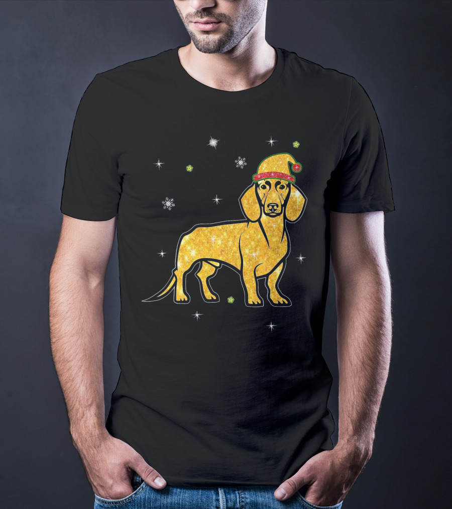 Christmas Lights Glitter Dachshund Dog With Santa Hat And Snowflakes T-Shirt