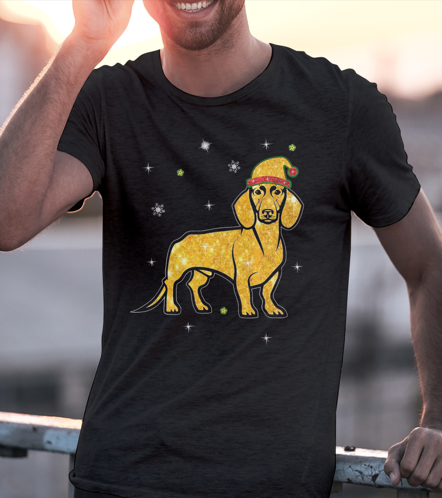 Christmas Lights Glitter Dachshund Dog With Santa Hat And Snowflakes T-Shirt