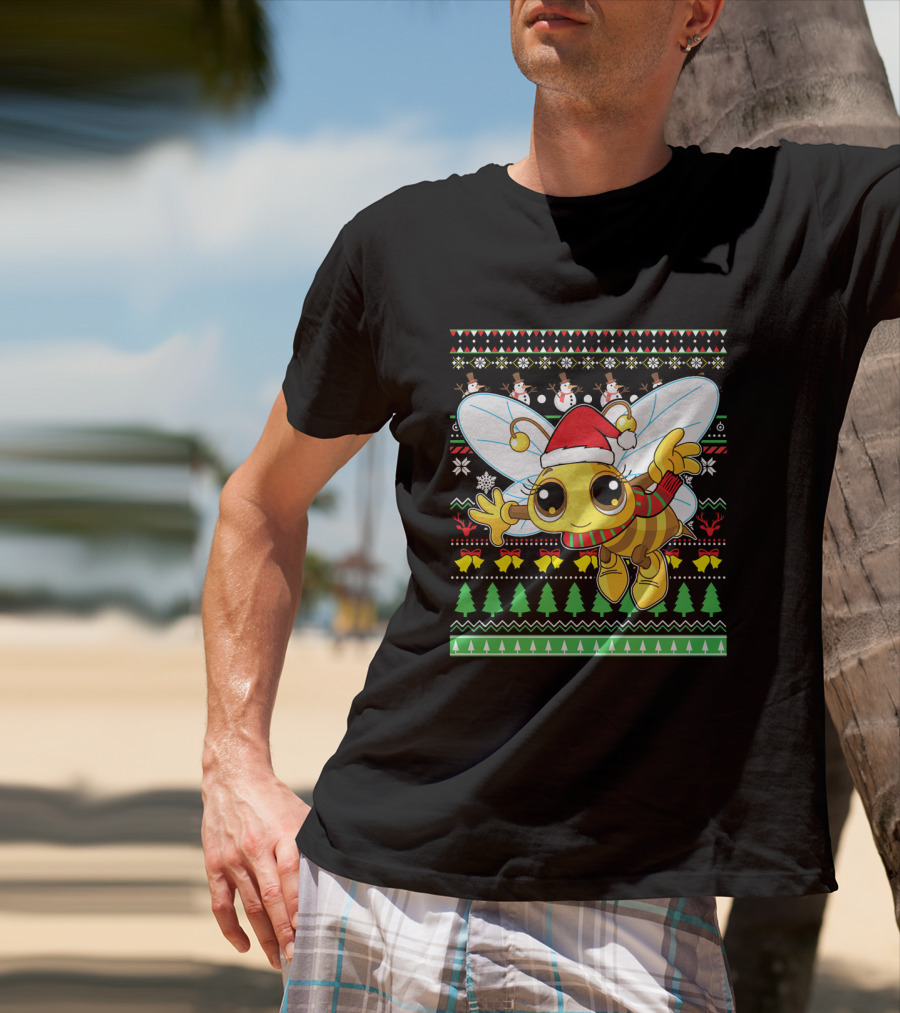 UglyBee Santa Claus Lovely Christmas Sweater Pattern With Cartoon Bee T-Shirt