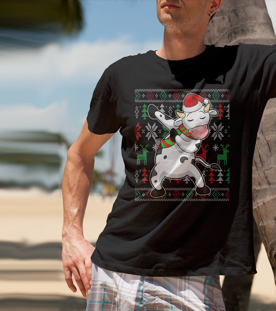 Ugly Christmas Dabbing Santa Cow With Festive Reindeer And Snowflakes T-Shirt