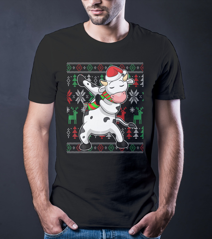 Ugly Christmas Dabbing Santa Cow With Festive Reindeer And Snowflakes T-Shirt