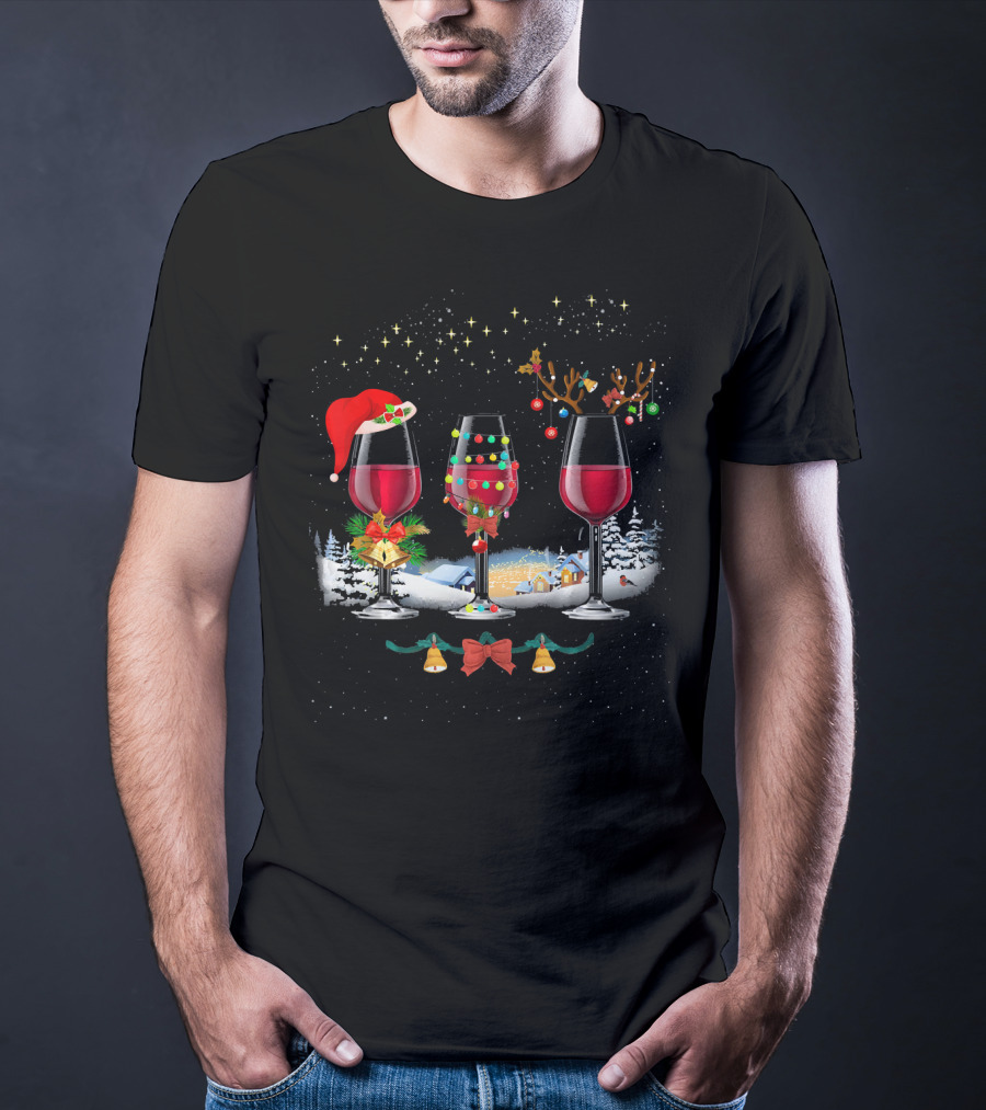 Three Christmas Red Wine Glasses Santa Hat Reindeer Lights Snowy Village T-Shirt
