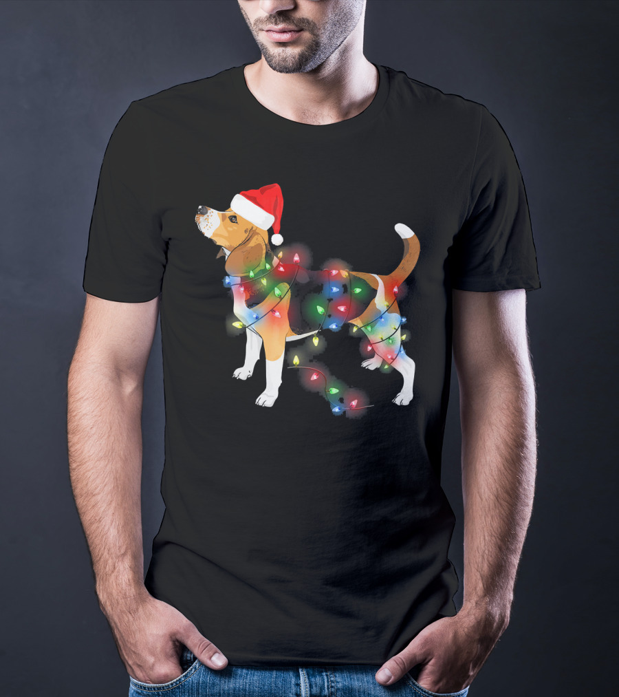 Beagle With Christmas Lights And Santa Hat T-Shirt