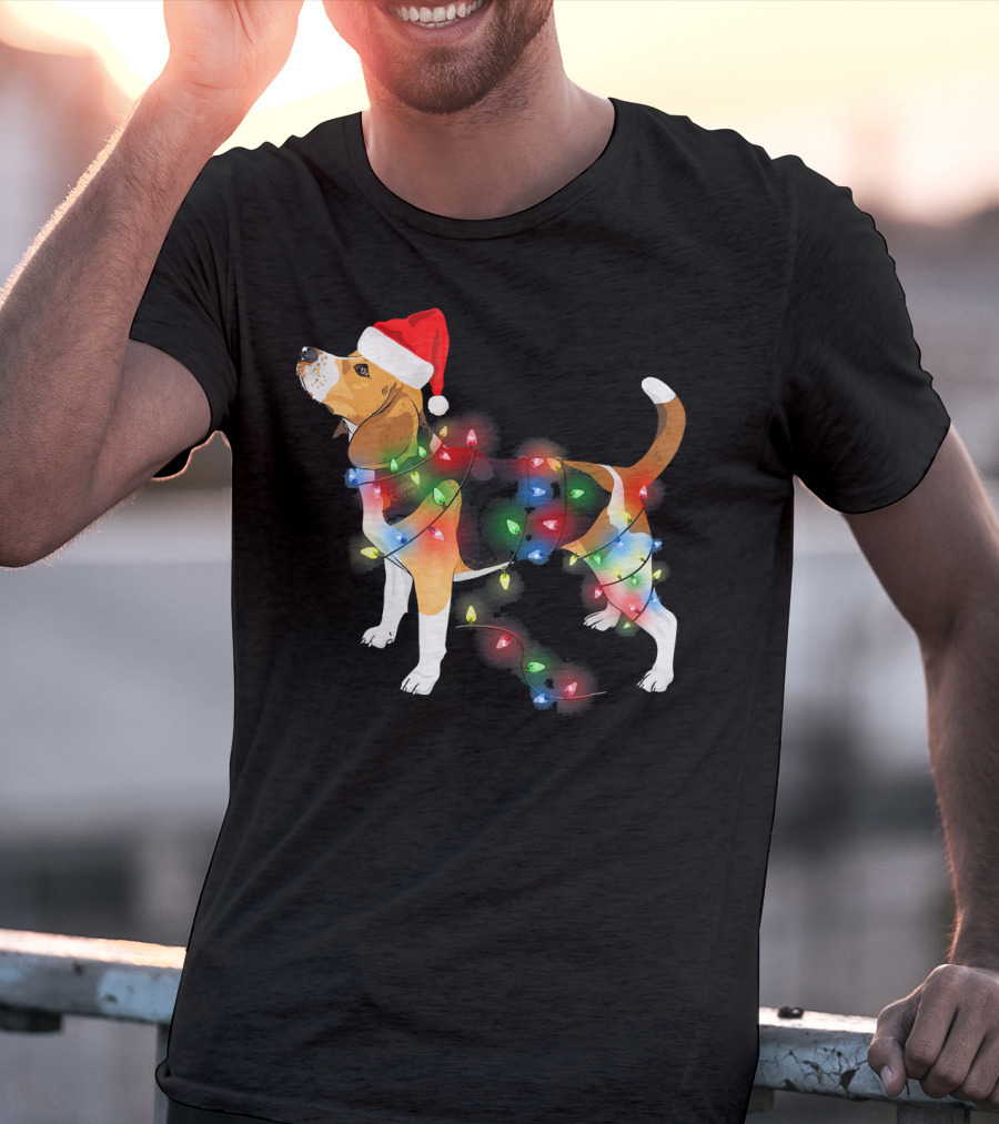 Beagle With Christmas Lights And Santa Hat T-Shirt