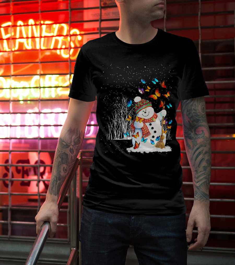 Snowman With Butterflies In A Snowy Forest T-Shirt