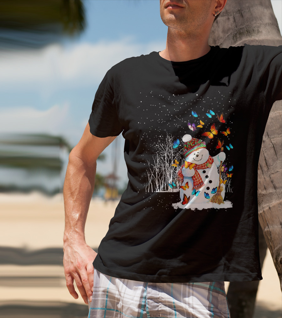 Snowman With Butterflies In A Snowy Forest T-Shirt