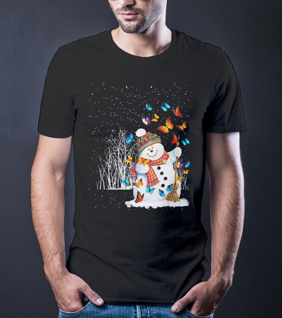 Snowman With Butterflies In A Snowy Forest T-Shirt