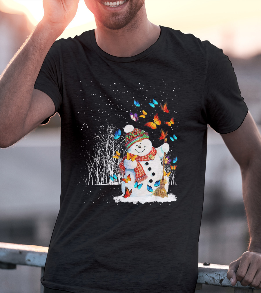 Snowman With Butterflies In A Snowy Forest T-Shirt