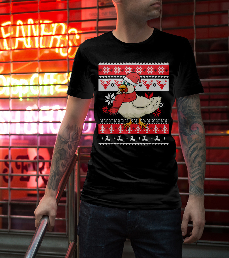 Ugly Christmas Chicken Santa Hat Snowflakes Reindeer Red Scarf T-Shirt