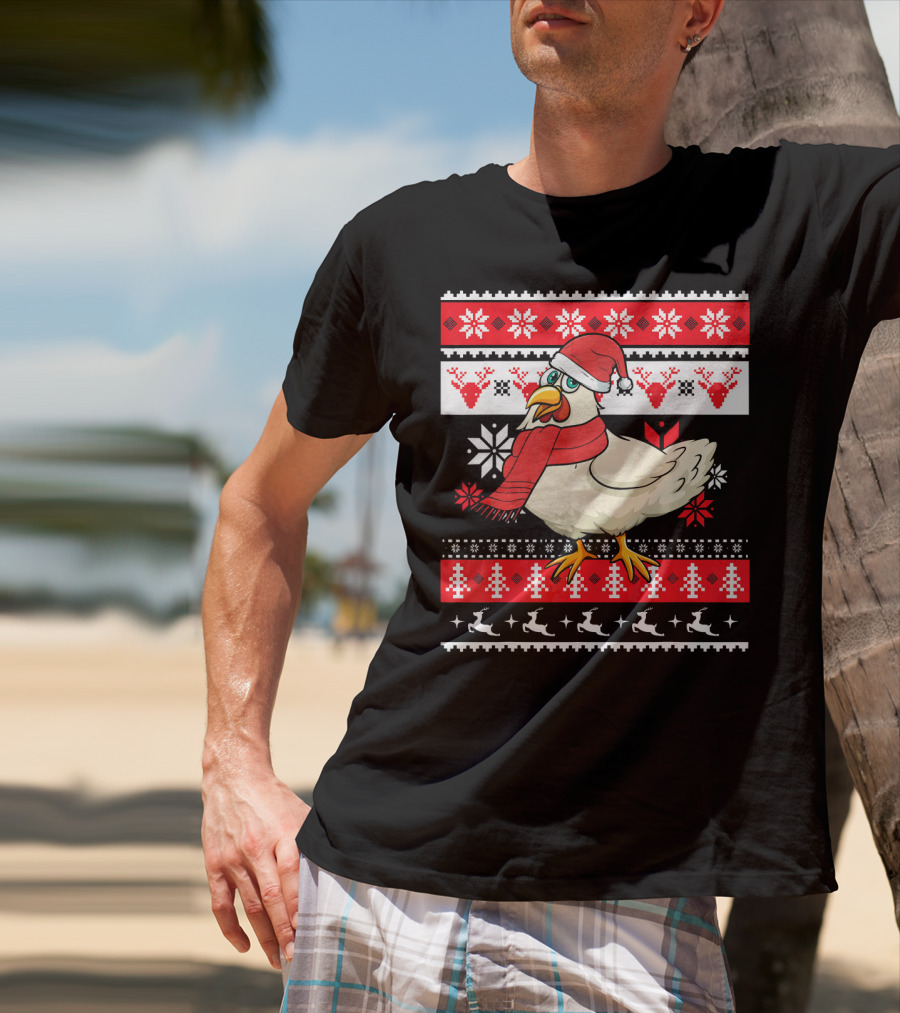 Ugly Christmas Chicken Santa Hat Snowflakes Reindeer Red Scarf T-Shirt