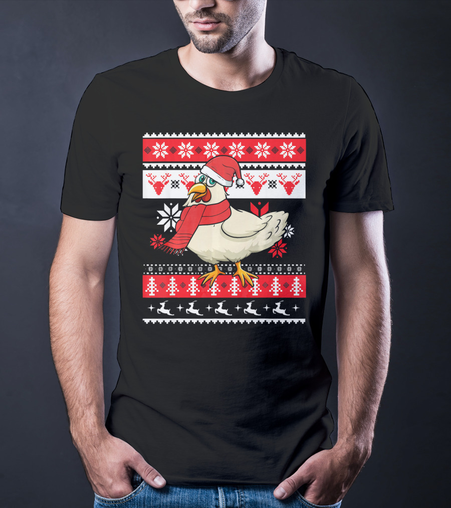 Ugly Christmas Chicken Santa Hat Snowflakes Reindeer Red Scarf T-Shirt