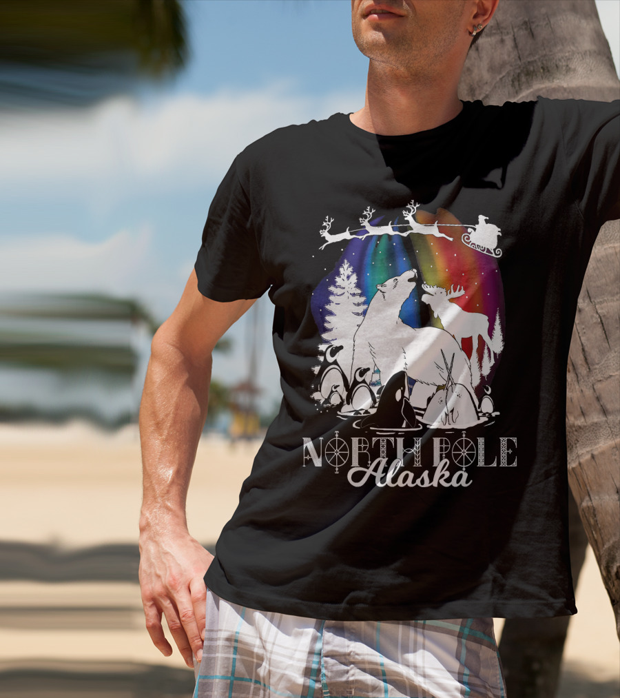 North Pole Alaska Aurora Borealis Polar Bears Reindeer Penguins Santa Sleigh T-Shirt