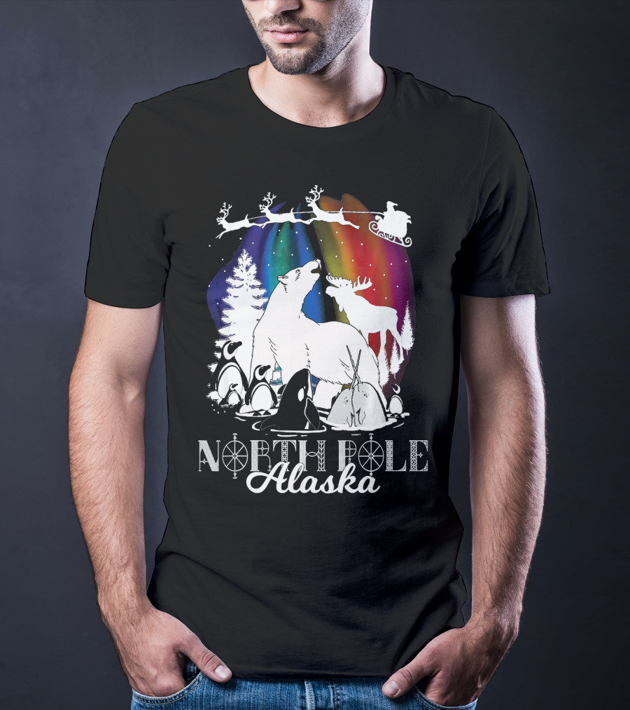 North Pole Alaska Aurora Borealis Polar Bears Reindeer Penguins Santa Sleigh T-Shirt