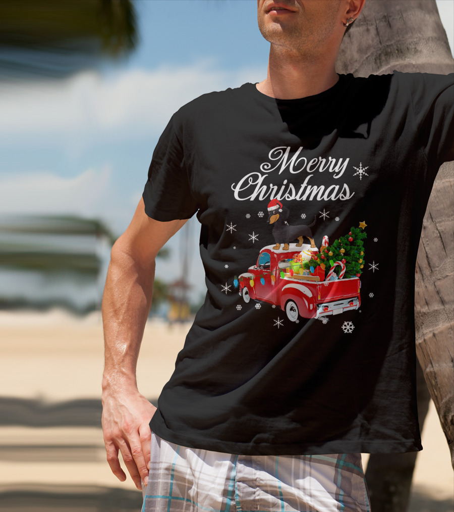 Merry Christmas Dachshund On Red Truck With Gifts And Tree T-Shirt