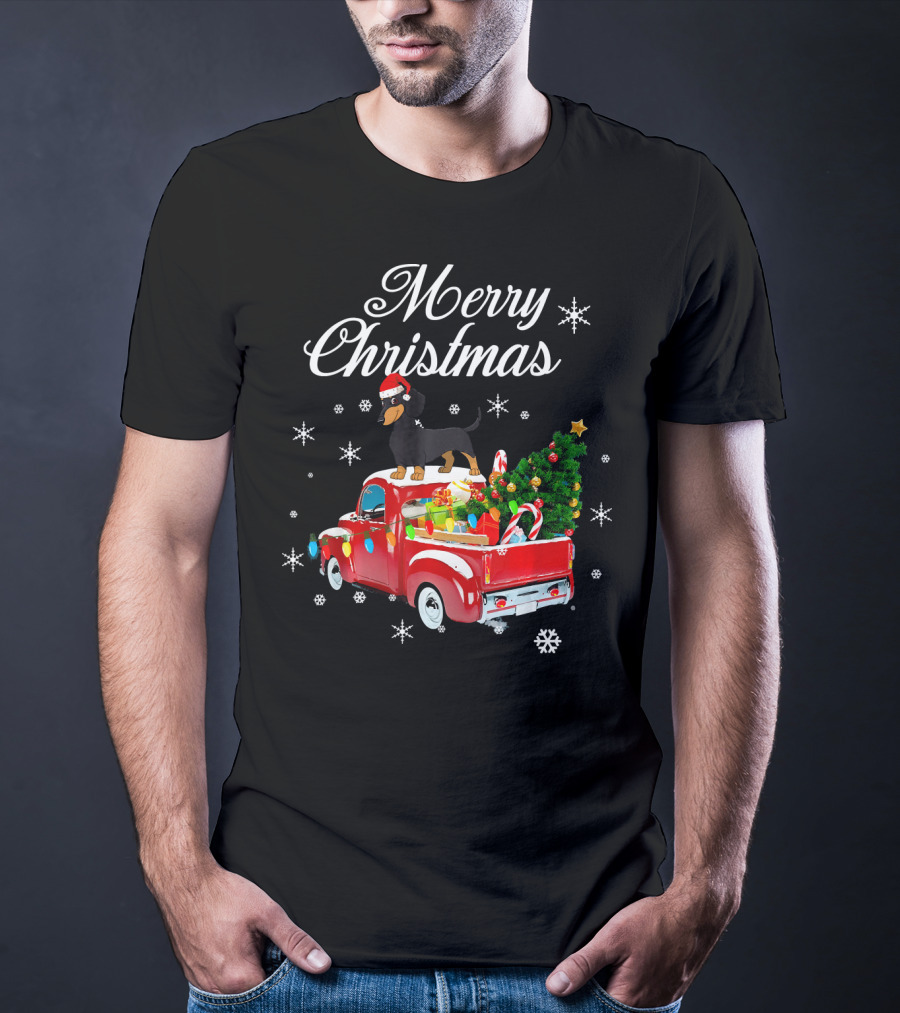 Merry Christmas Dachshund On Red Truck With Gifts And Tree T-Shirt