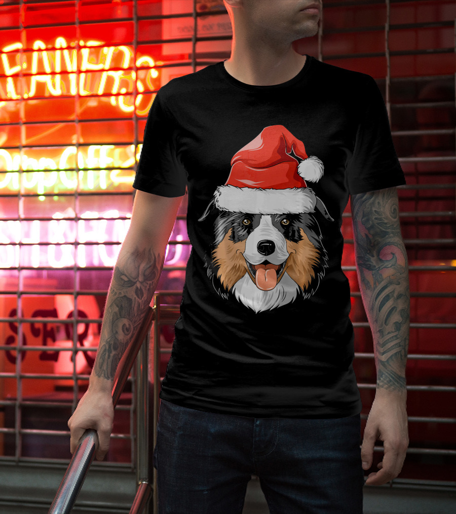 Australian Shepherd Dog Wearing Festive Santa Hat T-Shirt