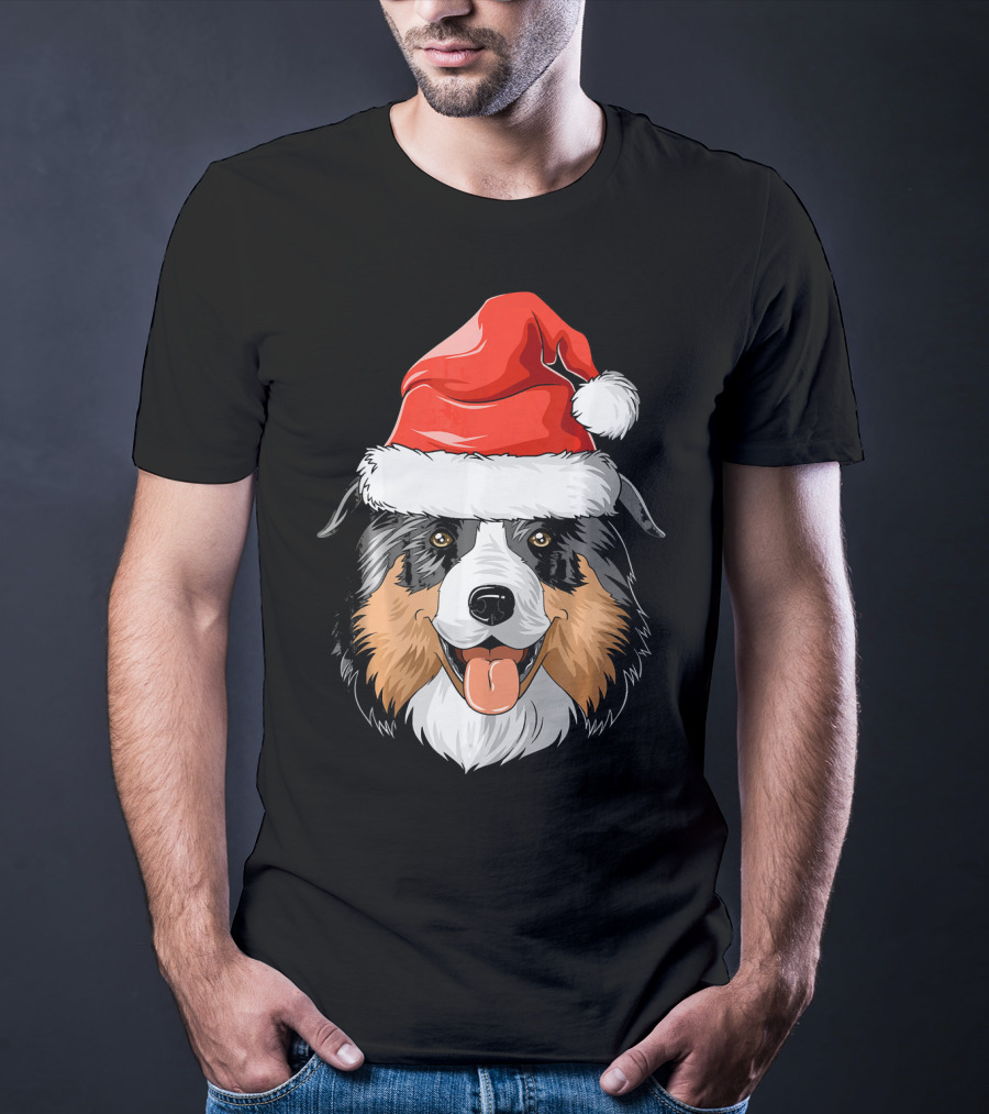 Australian Shepherd Dog Wearing Festive Santa Hat T-Shirt
