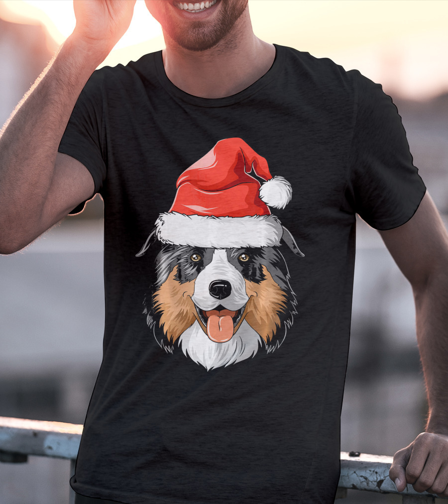 Australian Shepherd Dog Wearing Festive Santa Hat T-Shirt