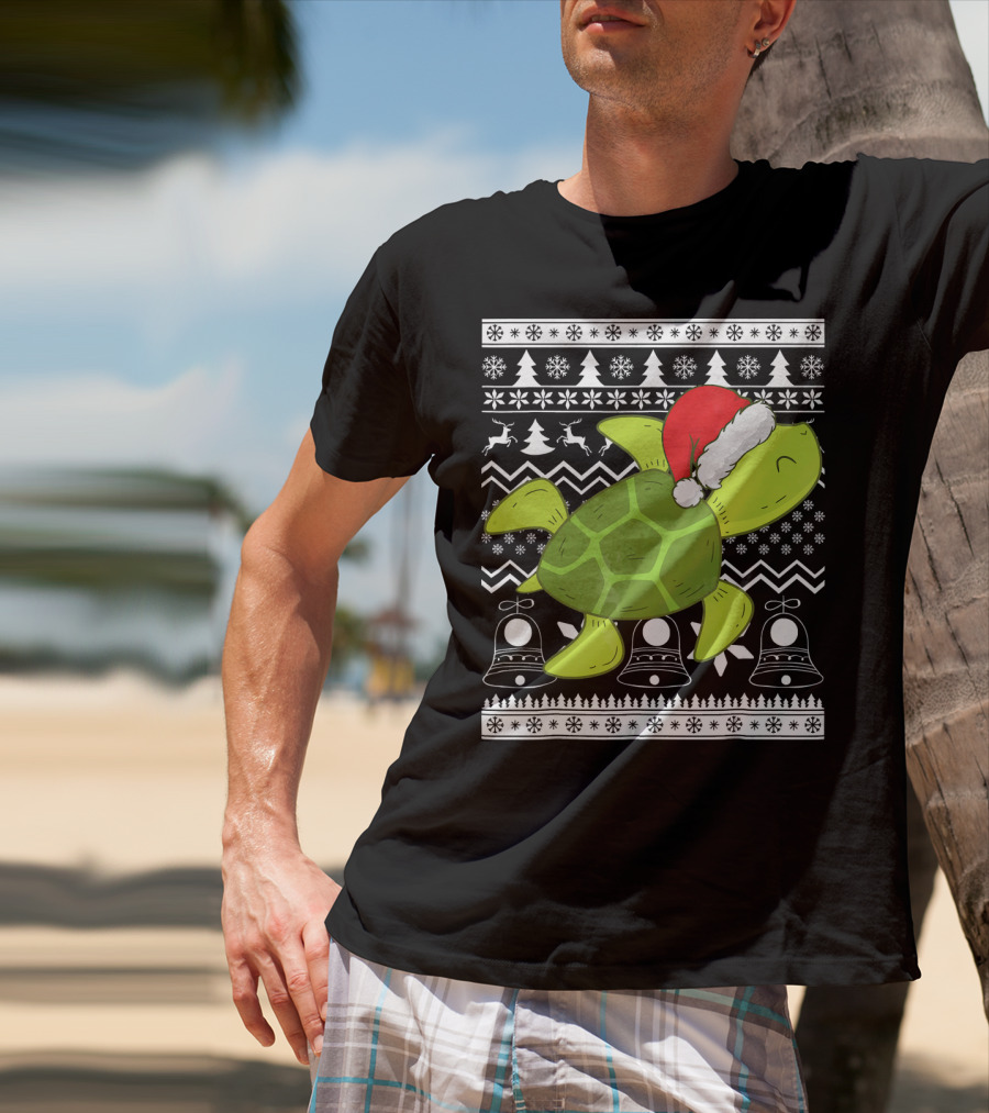 Sea Turtle Santa Holiday Sweater Design With Christmas Bells, Reindeer, Trees, And Snowflakes T-Shirt