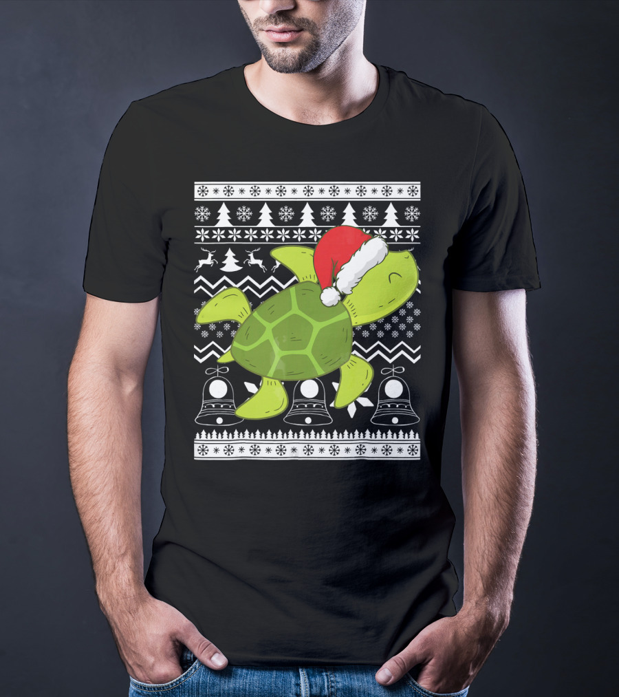 Sea Turtle Santa Holiday Sweater Design With Christmas Bells, Reindeer, Trees, And Snowflakes T-Shirt