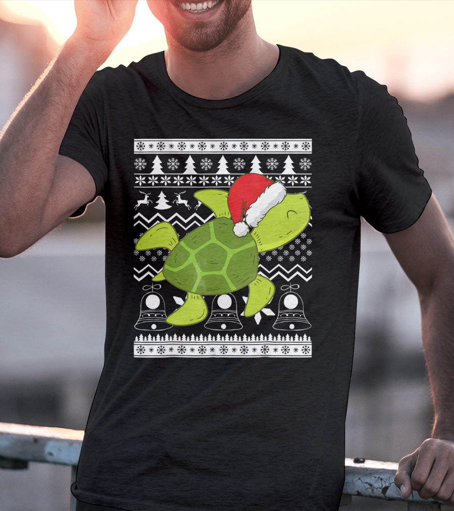 Sea Turtle Santa Holiday Sweater Design With Christmas Bells, Reindeer, Trees, And Snowflakes T-Shirt