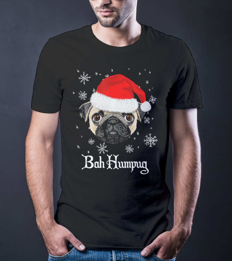 Bah Humpug Funny Christmas Pug Lover Santa Hat Snowflakes T-Shirt