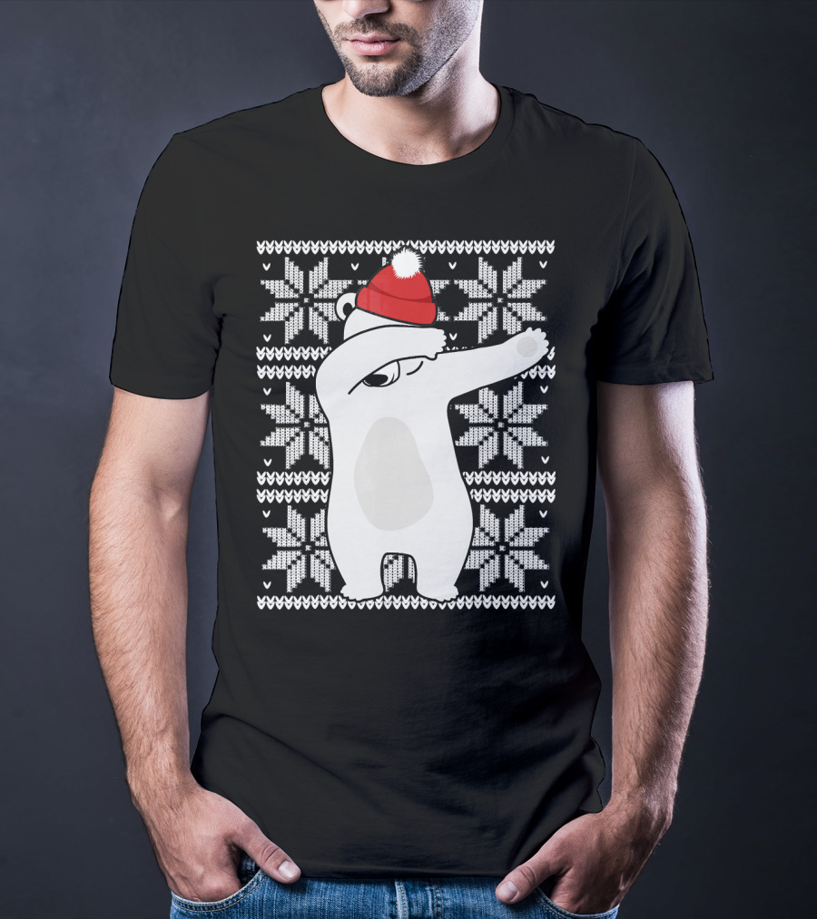 UGLY CHRISTMAS Dabbing Polar Bear In Santa Hat With Snowflake T-Shirt