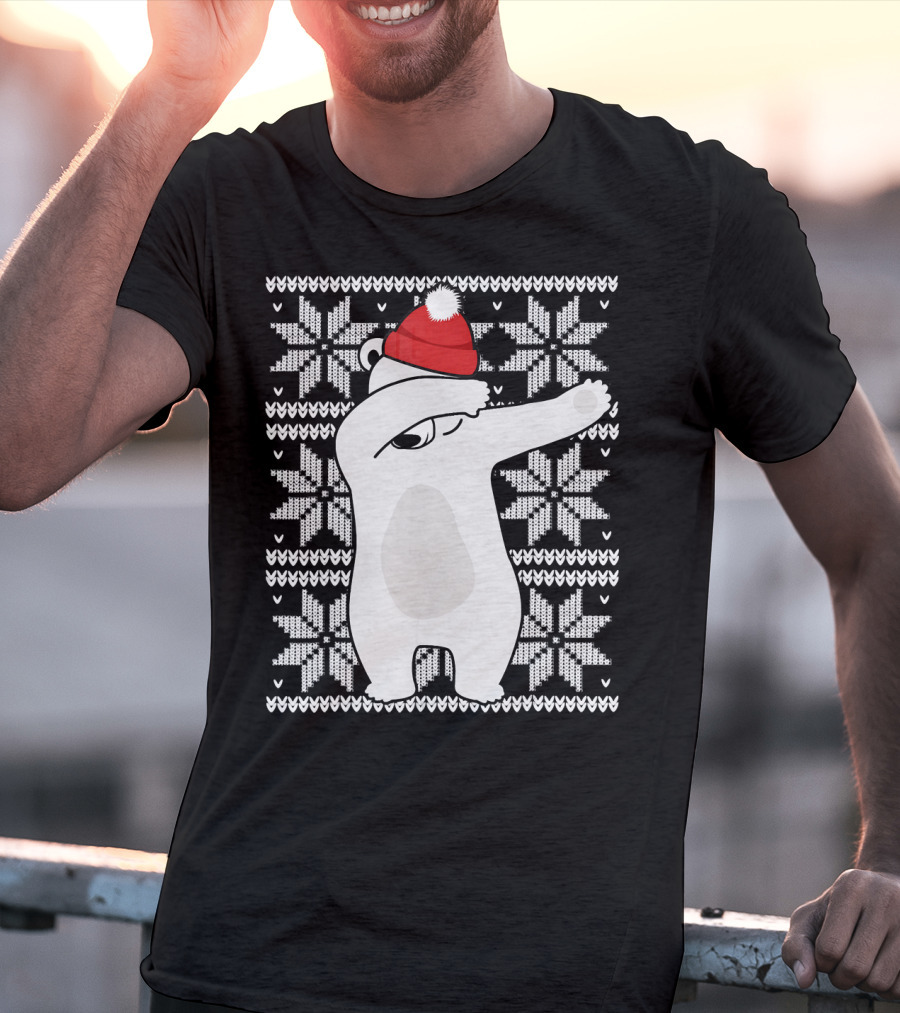UGLY CHRISTMAS Dabbing Polar Bear In Santa Hat With Snowflake T-Shirt