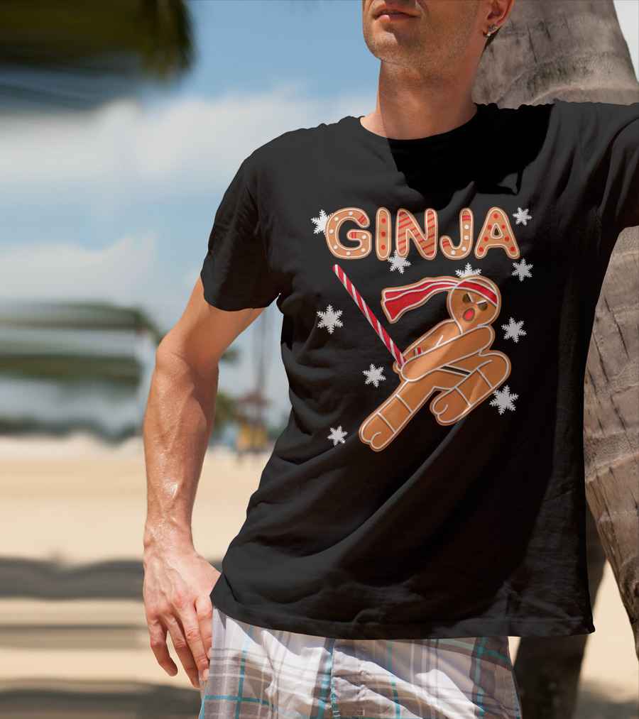Gingerbread Ginja Funny Christmas Ninja Candy Cane Snowflakes T-Shirt