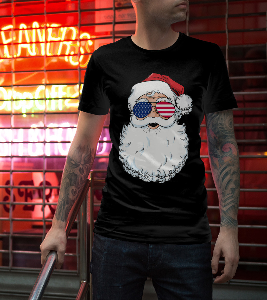 Santa Claus Patriotic USA Sunglasses Christmas T-Shirt