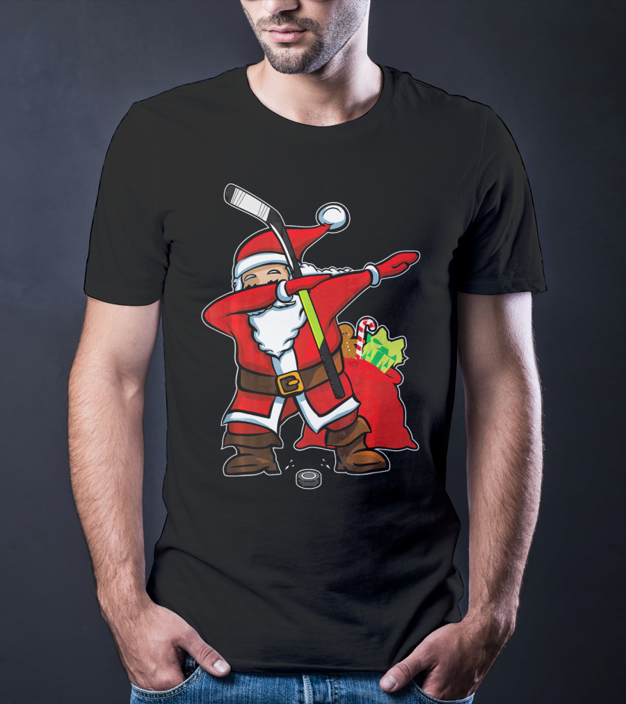 Santa Dabbing With Hockey Stick Christmas Hip Hop With Gifts And Hockey Puck T-Shirt
