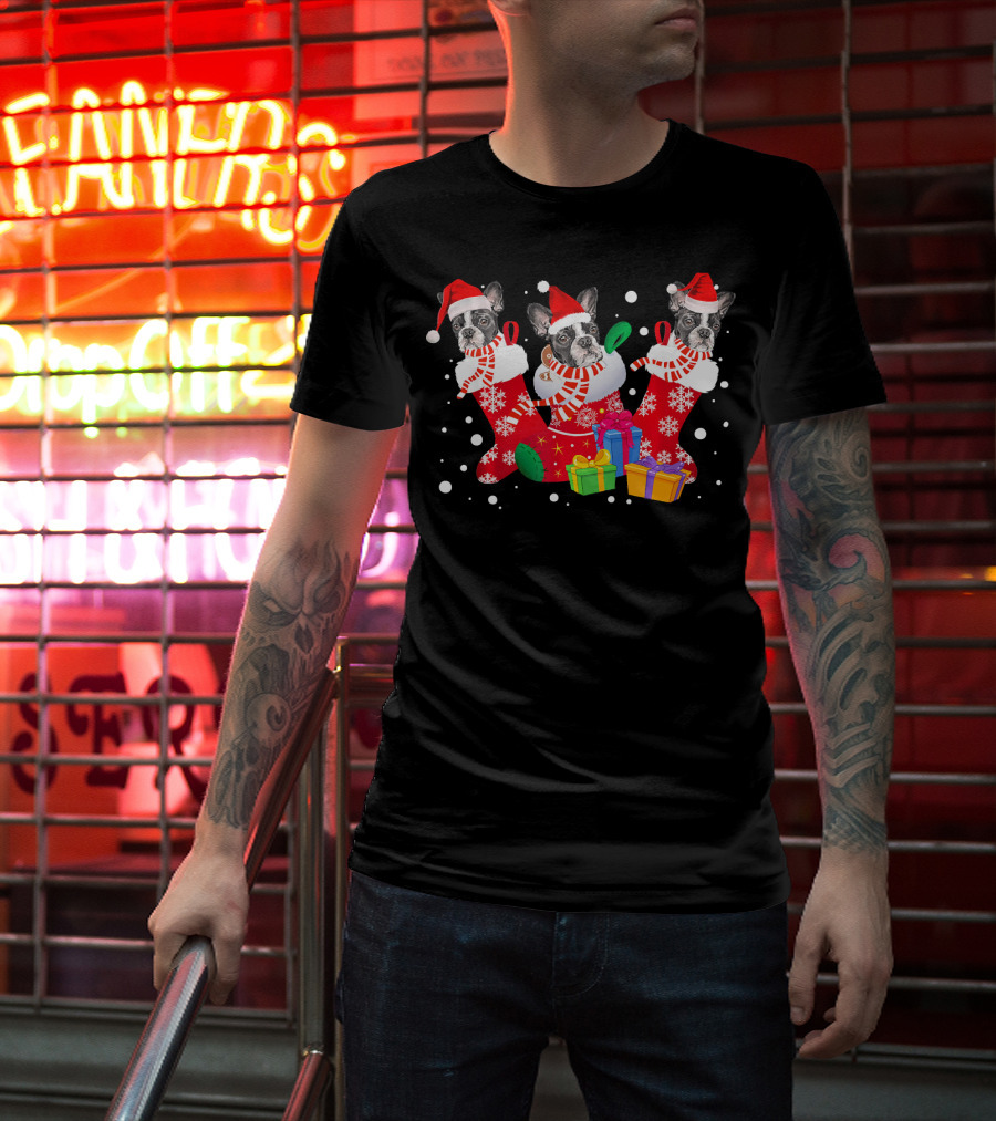 Three Boston Terrier In Santa Hat Stockings Christmas Gifts T-Shirt