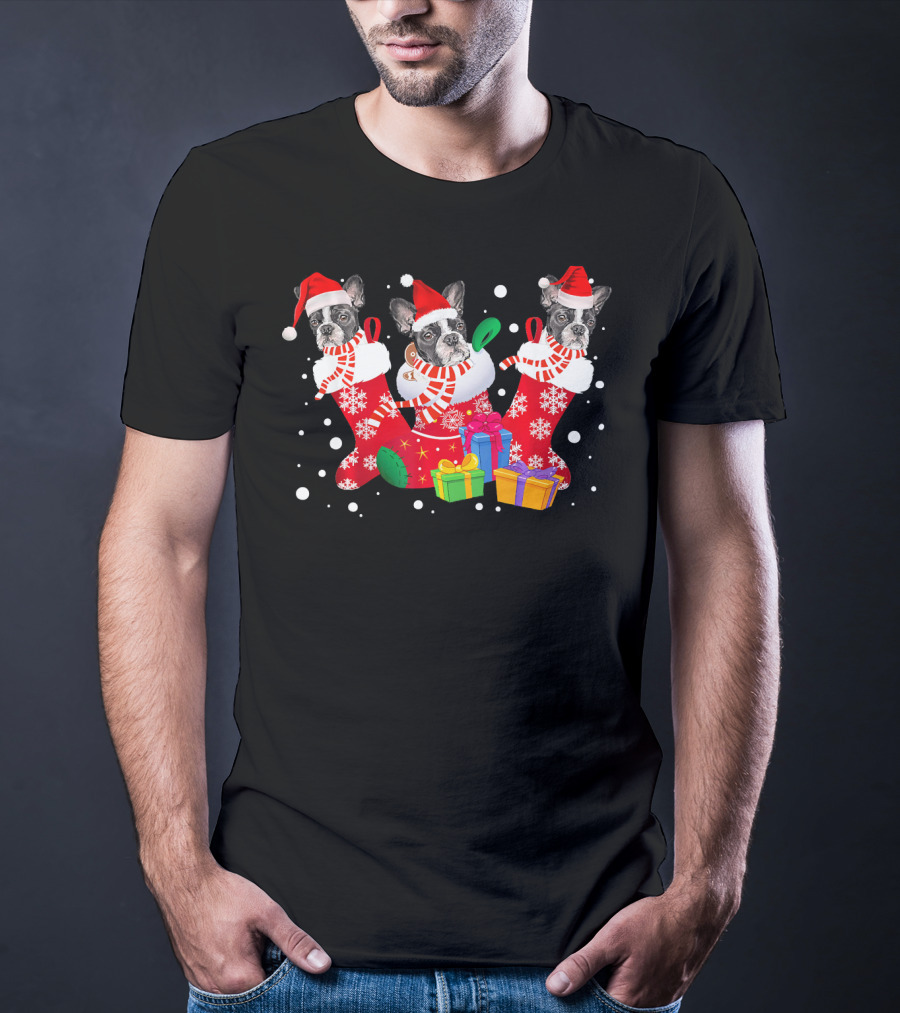 Three Boston Terrier In Santa Hat Stockings Christmas Gifts T-Shirt